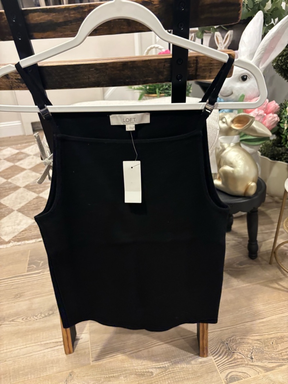 Women's LOFT Black Ribbed Square Neck Tank - Size L NWT